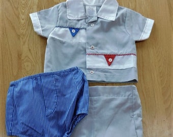 Vintage Boy's CRADLE TOGS 3-Piece Outfit Set~Gray/Red/Blue Footed/Diaper Cover +