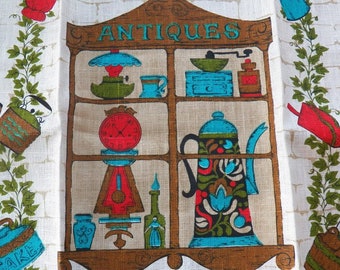 Vintage NEW Parisian Prints Linen Tea Towel~ANTIQUES~Turquoise Blue/Red Kitchen