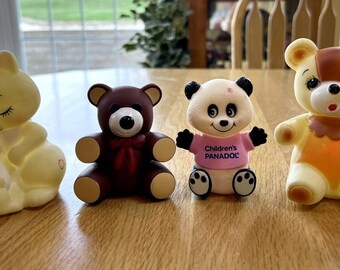 Vintage LOT of 4 TEDDY BEAR Baby Squeaky Rubber~Stahlwood/Panadol Panda~80's