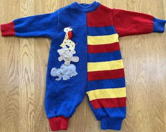 Vintage Boys SMALL STEPS Color Block Knit Romper 3/6 Months~Animals Primary