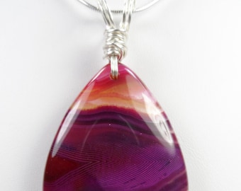 Handmade Wire-Wrapped Teardrop Geode Onyx Agate Pendant with .925 Sterling Silver Snake Chain - 18" length