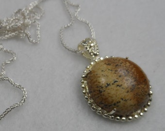 Round Natural Agate Pendant Necklace with Sterling Silver Adjustable Length 24" Wheat Chain