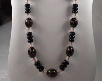 Black Lampwork Beaded Necklace 26" Length with Spots of Color and Copper Accents  - Copper Finishes with Lobster Claw Closure