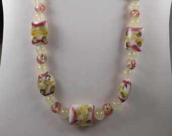 Lampwork Beaded Necklace 24" Length with White, Yellow and Pink Colors - Silvertone Finishes - Lobster Claw Closure