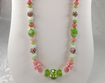 Green, Pink and White Beaded Necklace 28" Length with Silvertone Lobster Claw Closure