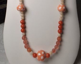 28" Coral and Cream Polka Dot Beaded Necklace Featuring Okawa African Beads - Silvertone Finishes