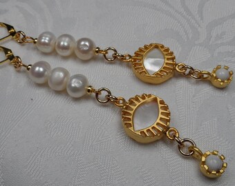 White Evil Eye Beaded Earrings with White Freshwater Pearls and White Charm Drops- Leverbacks Goldtone 3.5 Inch Length