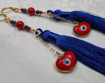 Evil Eye Tassel Earrings in Red and Blue - Goldtone Findings - 5.25" Length