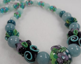 Lampwork Beaded Necklace - Shades of Blues - 20 Inch Length with Silvertone Clasp and Closure