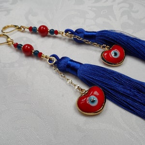Evil Eye Tassel Earrings in Red and Blue - Goldtone Findings - 5.25&quot; Length