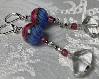 Pink and Blue Lampwork Earrings with Clear Crystal Drops - Silvertone, Leverback, 3 inch length