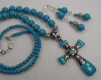 Blue Howlite Beaded Necklace with Cross and Sterling Silver Earrings - 26" length