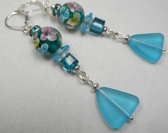 Floral and Crystals in Blues, Lampwork Leverback Earrings with Seaglass - 3" length