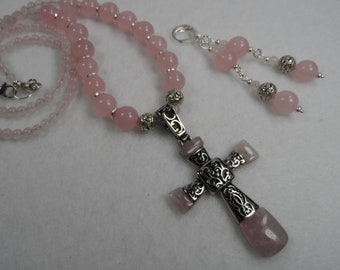 Rose Quartz Beaded Necklace with Cross and Sterling Silver Earrings - 26" length