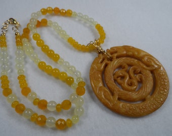 Natural Jade Carved Pendant Yellow Dragon Hand Wire Wrapped - 30" Necklace