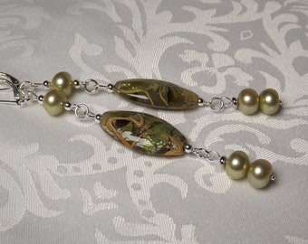 4" Length Sterling Silver Leverback Earrings Feature Lampwork Oval Beads and Natural Pistachio Pearls