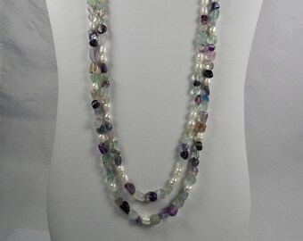 Fluorite Gemstone Beads and Freshwater White Potato Pearls Double-Strand Necklace - 26" length