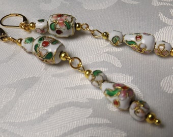 3" Length Oriental Cloisonne Leverback Earrings in Goldtone
