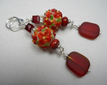 Red Floral, Crystals  and Lampwork in Red and Clear, Silvertone Leverback Earrings with Seaglass - 3" length