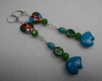 Sterling Silver Zuni Inlay Earrings: Turquoise Bear Fetish, 3.5"