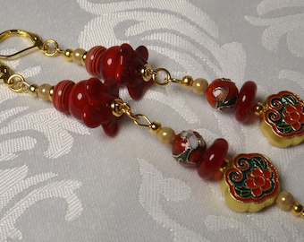 Enameled Red Floral Charm Earrings with Cloisonne and Lampwork Beads - Goldtone Leverback Style 3.5 inches in length