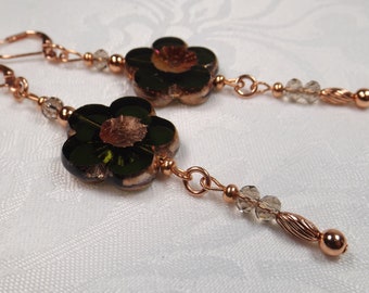 Czech Olive Green and Rose Gold Floral Beaded Earrings - Leverback Style - 3.25" Length