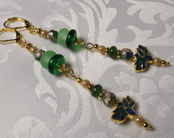 Enameled Green Charm Earrings with Cloisonne and Lampwork Beads - Goldtone Leverback Style 3.5 inches in length