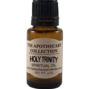 May include: A brown glass bottle with a black cap, labeled "THE APOTHECARY COLLECTION HOLY TRINITY SPIRITUAL OIL TheApothecaryCollection.com NET WT. 5 OZ"