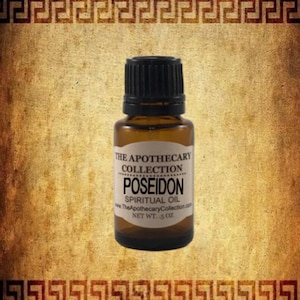 May include: A small brown glass bottle with a black cap. The bottle is labeled "The Apothecary Collection Poseidon Spiritual Oil" and "Net Wt. .5 oz".