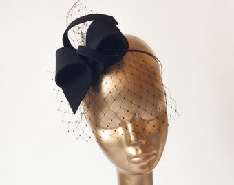 Unique Modern Black FELT FASCINATOR , BRIDAL Fascinator . Black Headpiece,  Party Bow Fascinator for Women