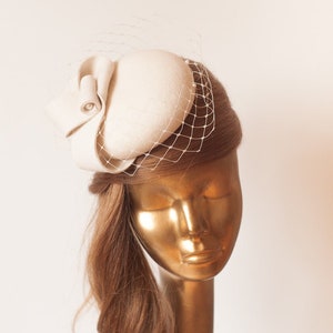 Unique Modern Cream FELT FASCINATOR with Veil.BRIDAL Fascinator Sale -10%