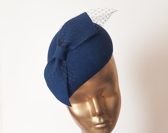 Unique Modern Navy Blue Felt FASCINATOR with Veil.Pillbox Hat  for Women