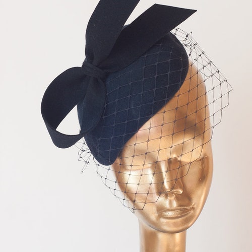 Unique Modern Navy Blue Felt FASCINATOR With Veil.pillbox Hat Etsy