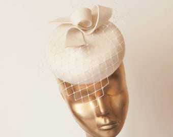 Unique Modern Cream Pillbox Hat  with Veil.BRIDAL FASCINATOR.