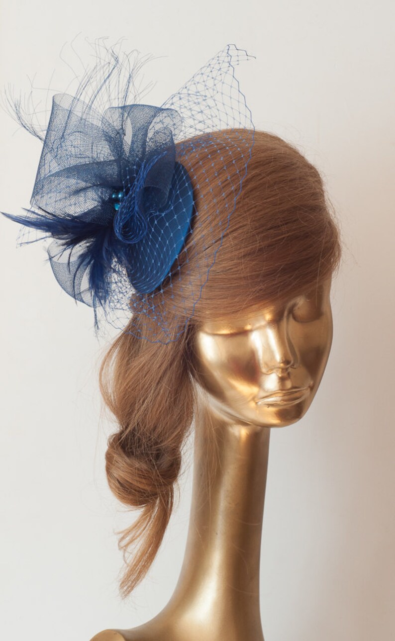 Navy Blue FASCINATOR with BIRDCAGE VEIL Wedding Mini Hat with Etsy