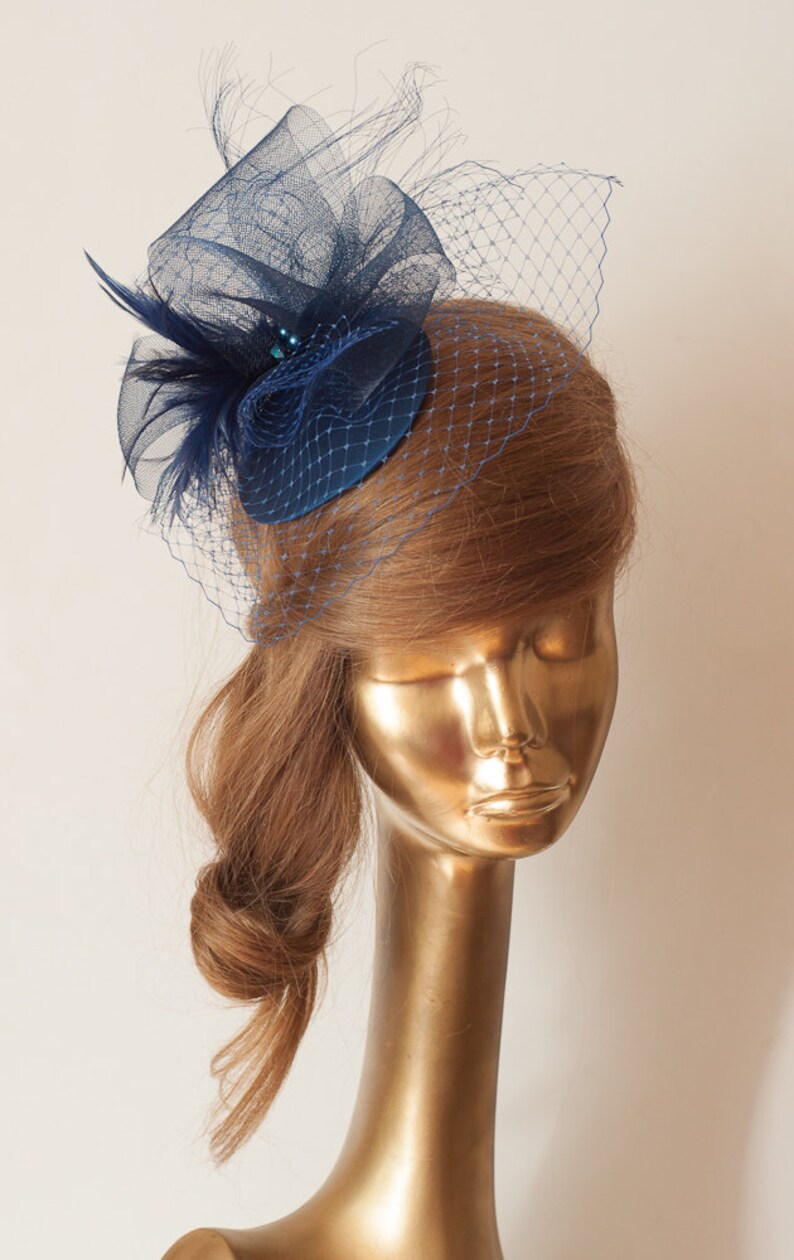 Navy Blue FASCINATOR with BIRDCAGE VEIL Wedding Mini Hat with Etsy