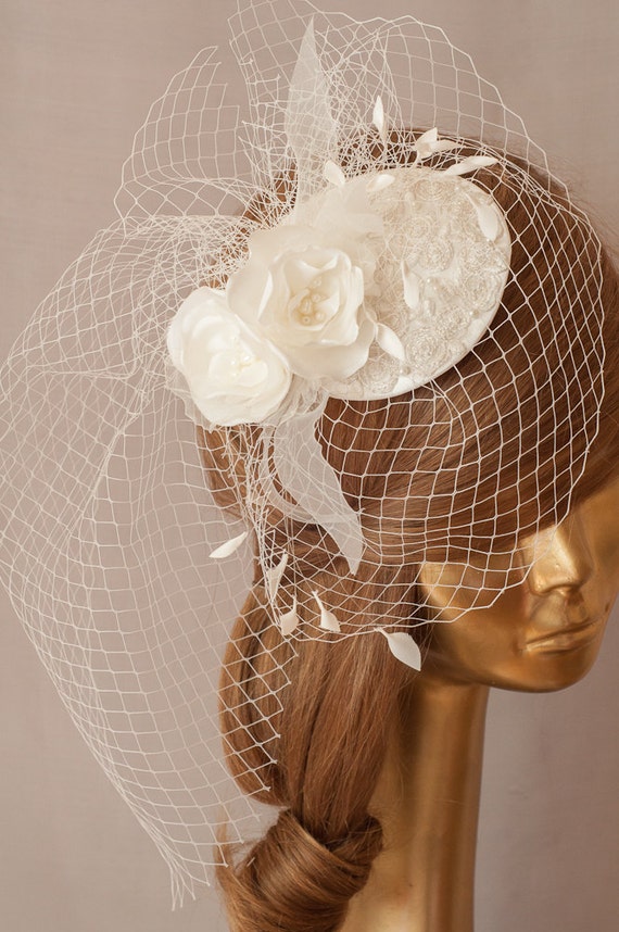 Items similar to BIRDCAGE VEIL. Bridal Ivory Hat with birdcage veil and