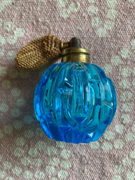 Vintage Cut Blue Glass Perfume Bottle Atomizer - image 2