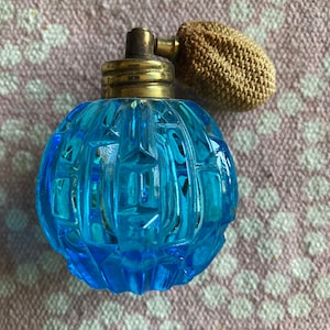 Vintage Cut Blue Glass Perfume Bottle Atomizer