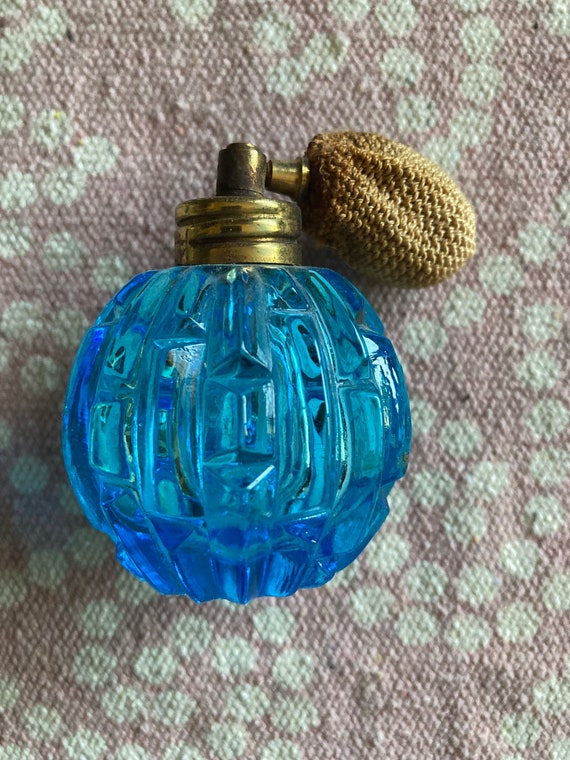 Vintage Cut Blue Glass Perfume Bottle Atomizer