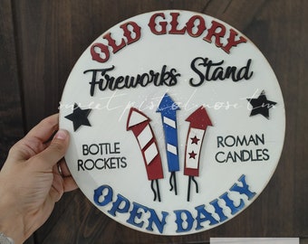 Old Glory | Fireworks Stand | 4th of July Front Door Hanger | 3d Lettering | Home of the Free because of the Brave | Porch Wall Décor |