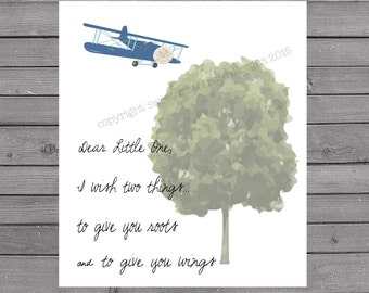 Nursery Print - Home Decor - Dear Little One - Roots & Wings - Two Gifts - Airplane - Tree - Childrens Art  - Typography Poster -