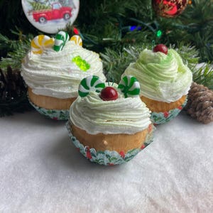 Set of 3 Christmas faux treat cupcake ornaments/ Gummy bears, starlights/ artificial cupcake/ photo prop/ Christmas decor/ Kitchen decor
