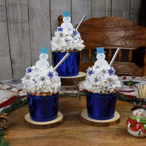 Christmas faux cupcakes/ Blue Christmas Snowman and snowflakes/ fake bake Holiday cupcakes / photo prop/ Christmas decor/ Kitchen decor