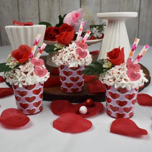Faux mini cupcakes/ Valentine fake bake/Floral faux cupcakes/ photo prop/ conversation hearts/ Kitchen decor/ Centerpiece/ tiered tray decor