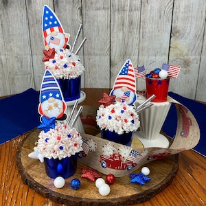 Patriotic Gnome faux cupcake/ July 4th treats/ stars strips decor/ photo prop/ Memorial Day decor/ tiered tray decor/ Centerpiece/ fireworks