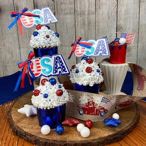 Patriotic USA faux cupcake/ July 4th treats/ stars strips decor/ photo prop/ Memorial Day decor/ tiered tray decor/ Centerpiece/ fireworks