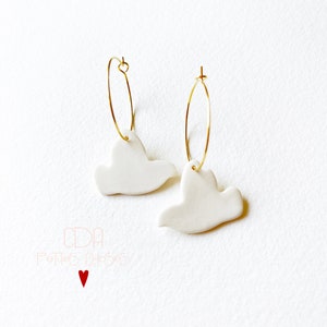 White porcelain bird hoop earrings