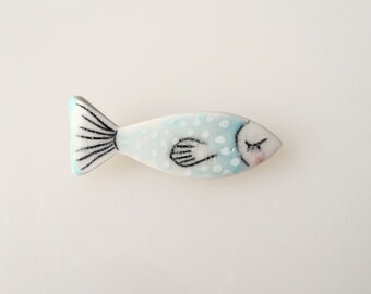 Blue fish porcelain brooch