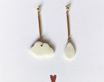 Mismatched small cloud and porcelain drop stud earrings